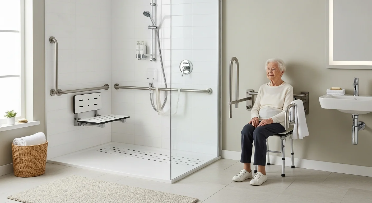 Salle de bain adaptée senior avec douche de plain-pied, barres d'appui en inox et siège rabattable mural