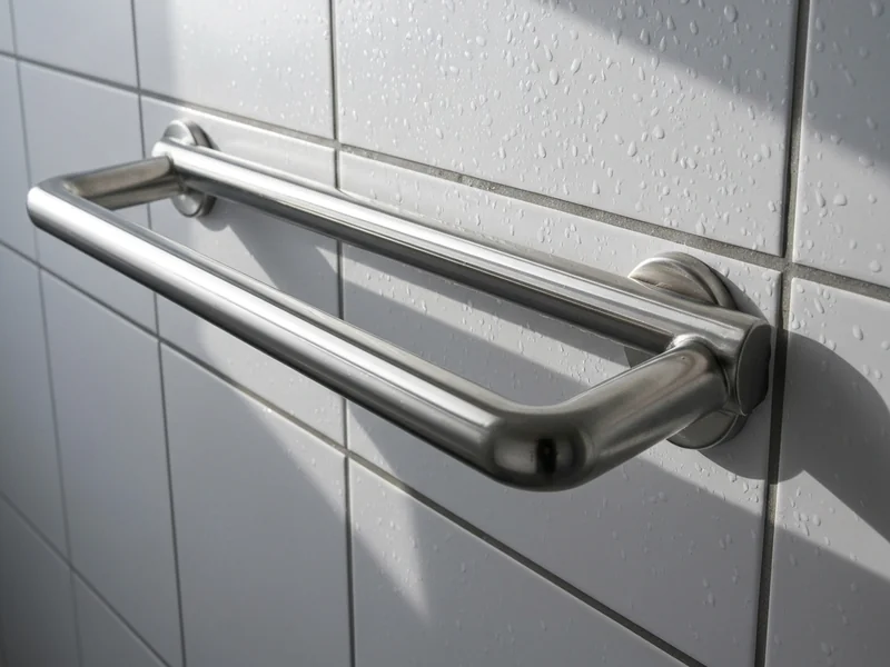 gros plan barre d&rsquo;appui inox fixée au mur carrelé, douche à l&rsquo;italienne, lumière naturelle