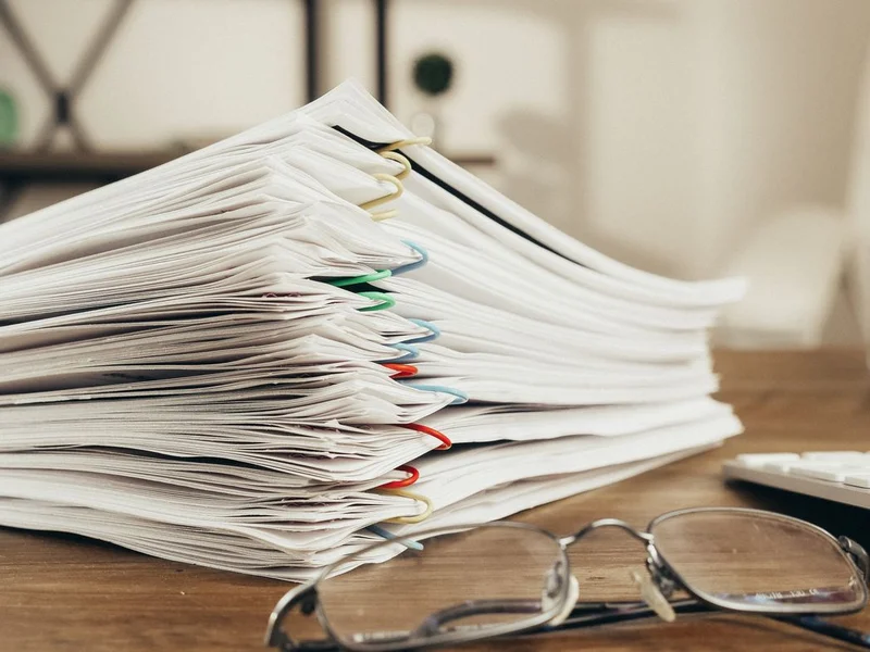 Pile de documents administratifs avec lunettes — demande financement MaPrimeAdapt’