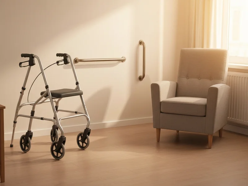 Salon adapté avec déambulateur et barre d&rsquo;appui murale, lumière naturelle
