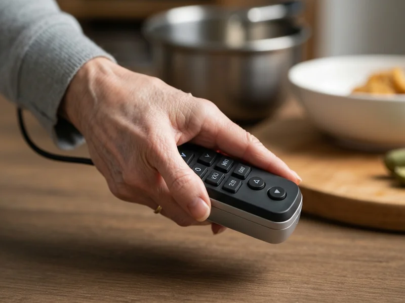 gros plan sur une main de personne âgée tenant la télécommande filaire d&rsquo;un fauteuil releveur électr