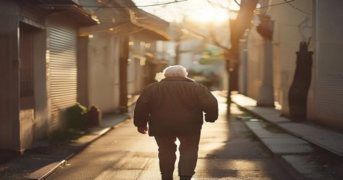 personne âgée marchant seule dans une rue résidentielle calme, l'air légèrement perdu, lumière douce