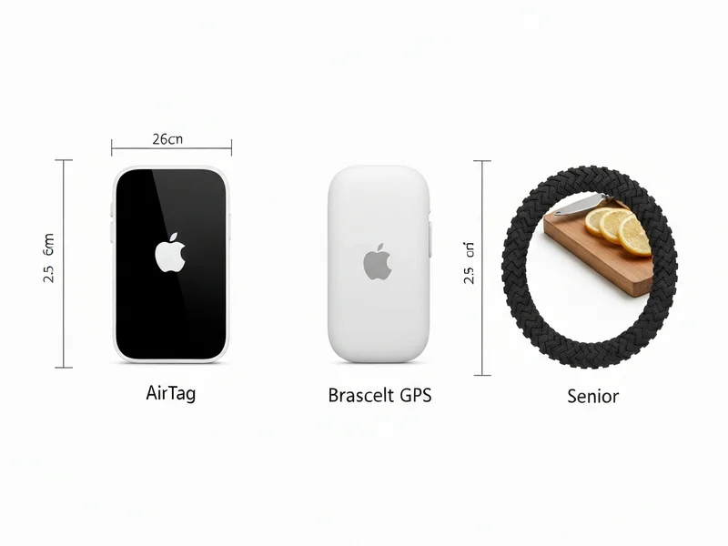 comparatif visuel entre un AirTag Apple et un bracelet GPS dédié senior présentés côte à côte sur fo