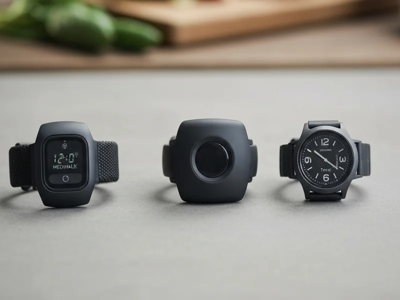 trois dispositifs GPS anti-fugue côte à côte sur fond neutre clair : bracelet Mediwalk, récepteur Ke