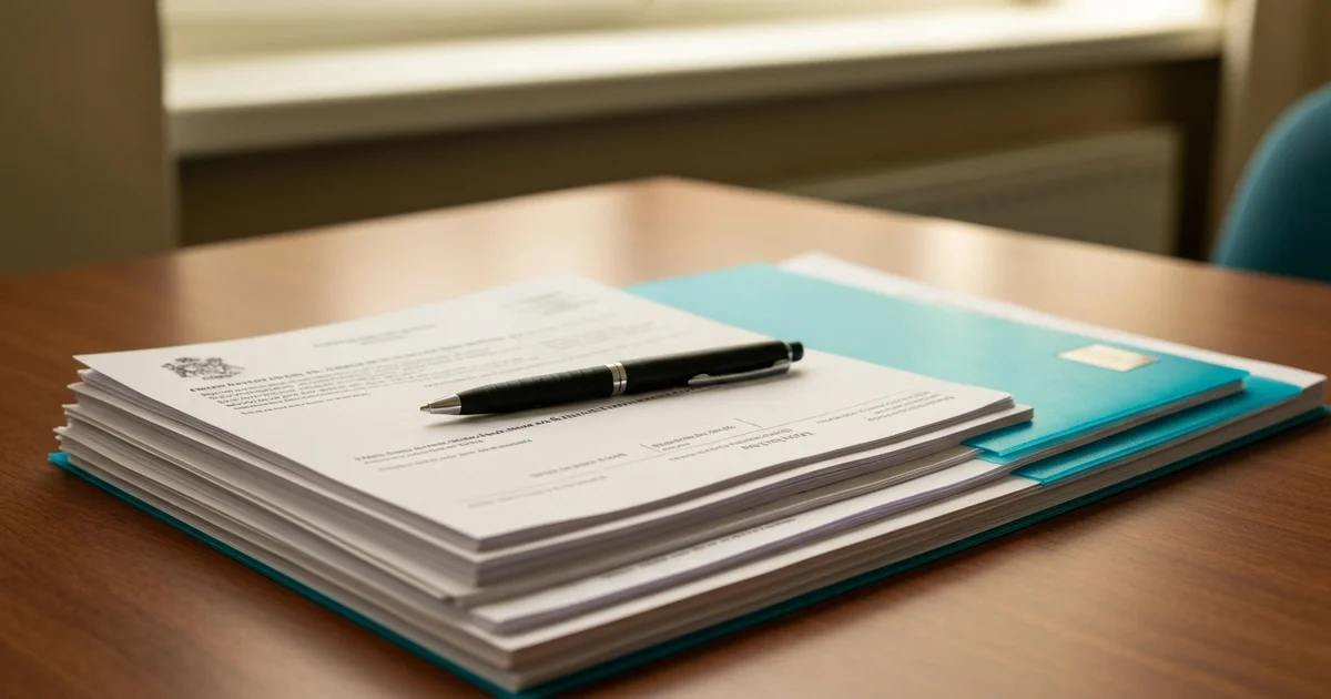 Dossier administratif MaPrimeAdapt' posé sur un bureau, formulaires officiels et stylo, lumière naturelle