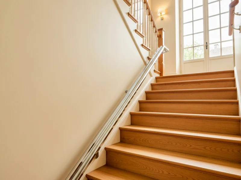 Monte-escalier droit avec rail chromé installé dans une maison française, escalier en bois, lumière naturelle
