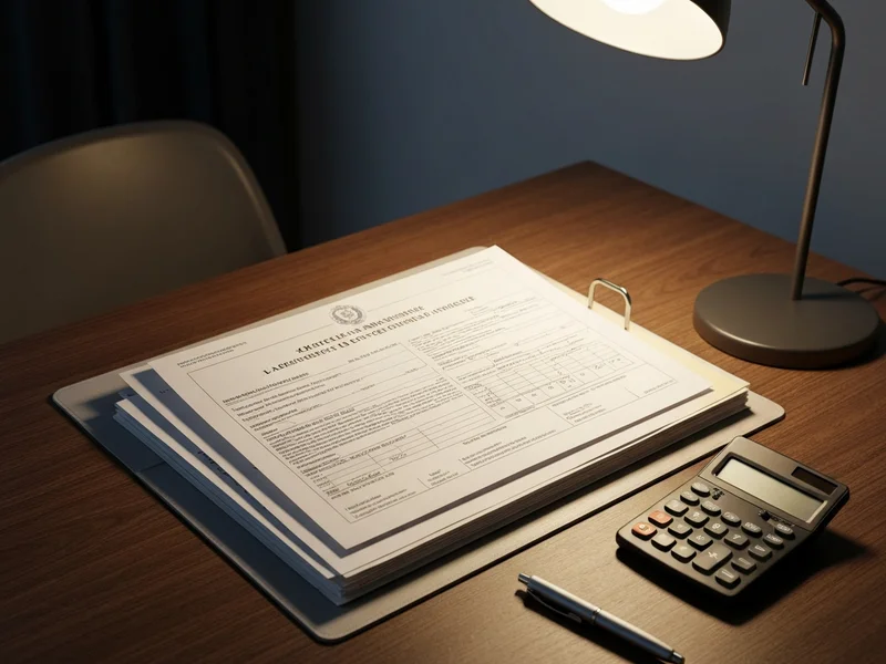 Dossier administratif ouvert sur un bureau, formulaires officiels, calculatrice et stylo, lumière de bureau
