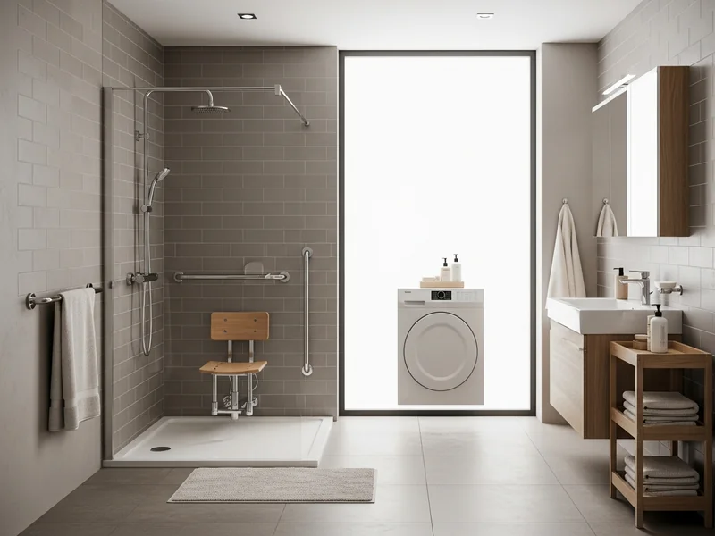 vue d&rsquo;ensemble d&rsquo;une salle de bain adaptée senior avec douche à l&rsquo;italienne, barres d&rsquo;appui en inox et siège escamotable…