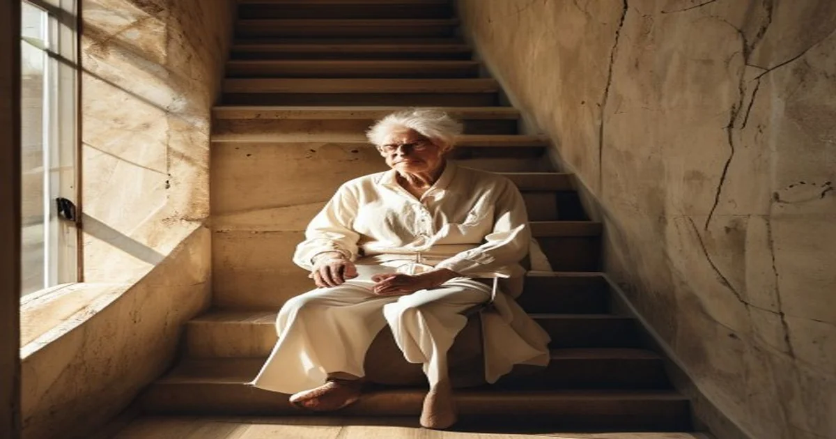 Senior assis sur un monte-escalier moderne dans intérieur lumineux et chaleureux