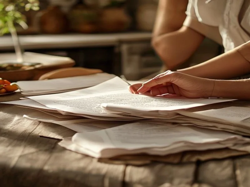 Deux mains consultant des papiers administratifs sur table de cuisine en lumière naturelle