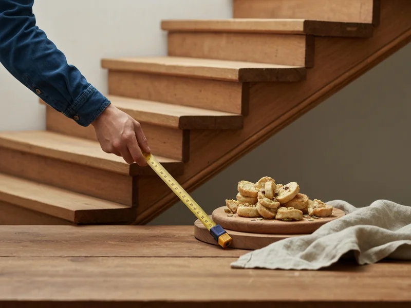 Installateur en tenue de travail mesurant escalier tournant en bois dans maison française