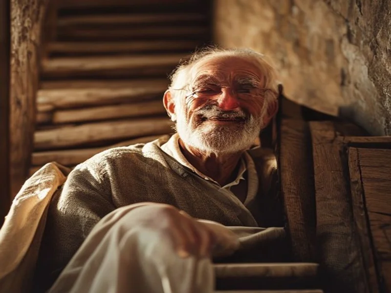 Senior souriant montant escalier assis sur monte-escalier droit, lumière chaude naturelle