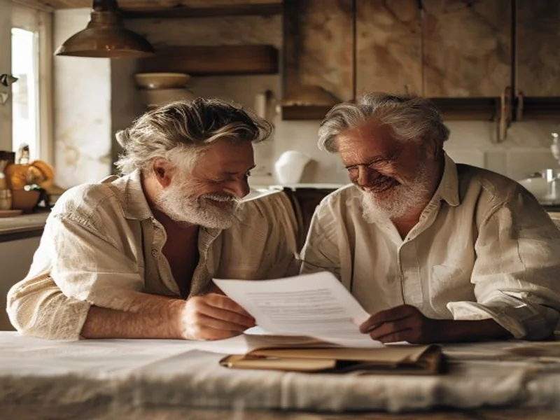 aidante adulte et parent âgé regardant un document de devis à la table de la cuisine, sourire bienveillant, lumière natu…