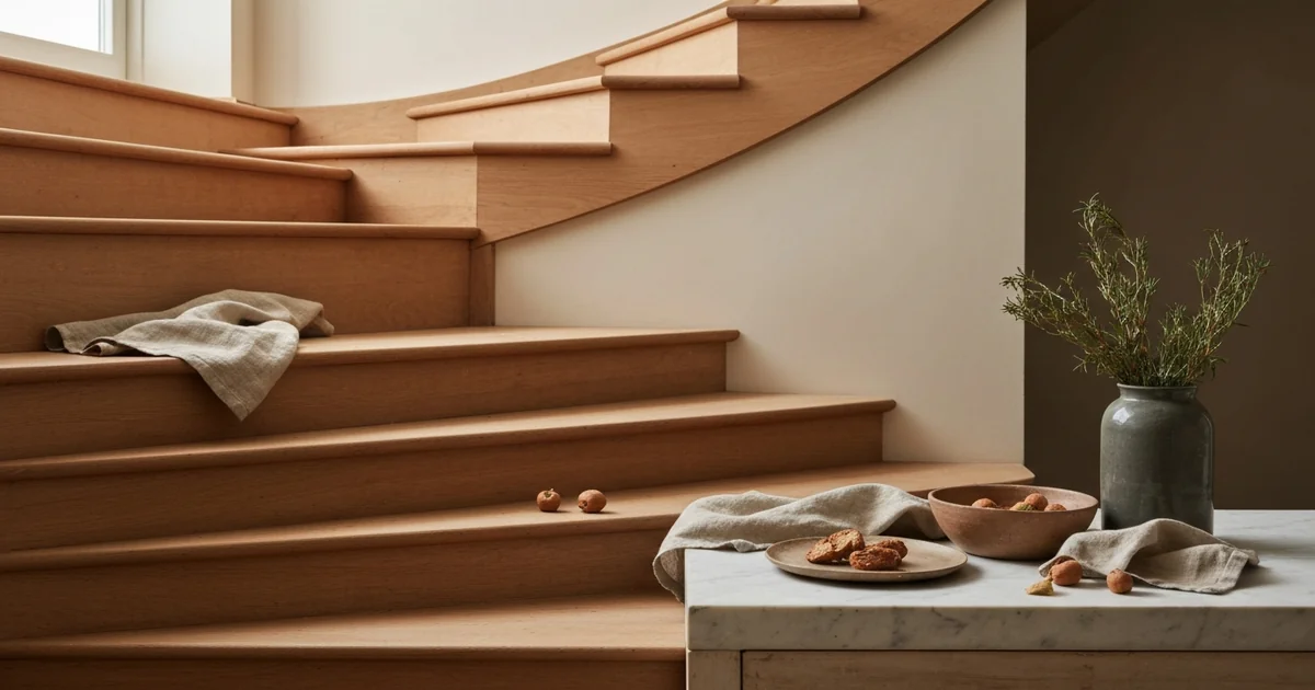 monte-escalier tournant moderne sur escalier en bois courbe dans maison française, lumière naturelle