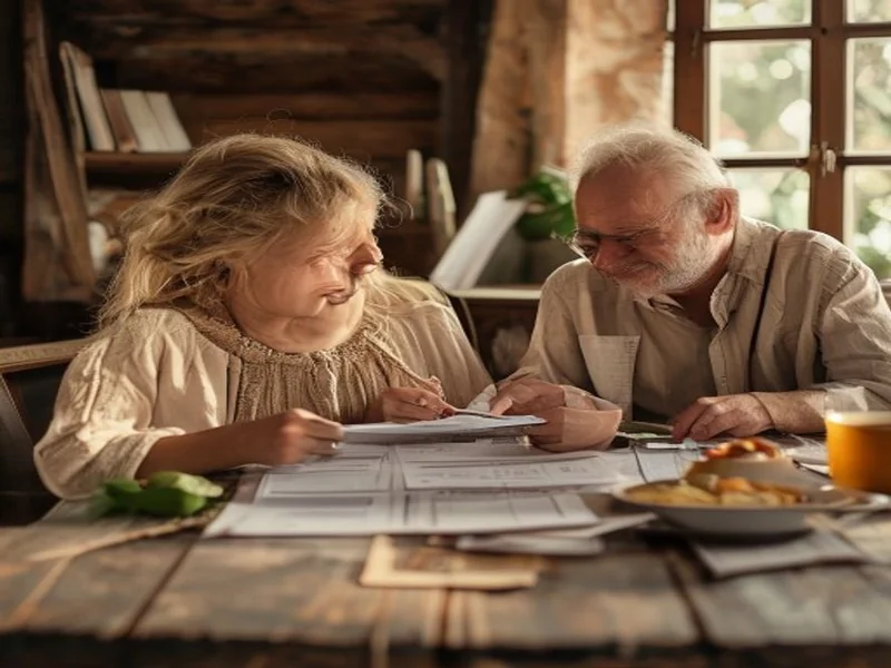 couple de seniors et enfant adulte autour d&rsquo;une table, regardant des documents administratifs ensemb