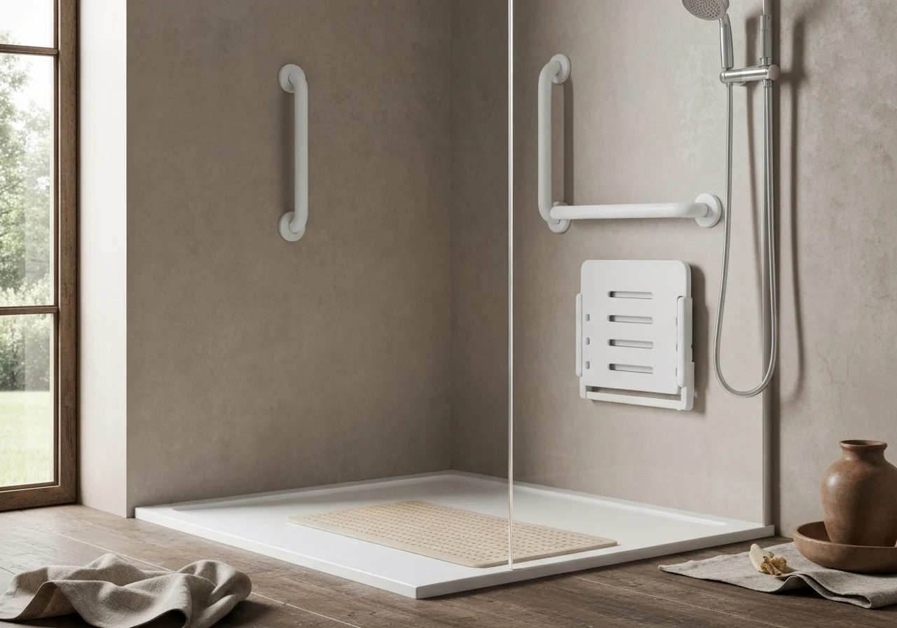 Salle de bains adaptée avec douche plain-pied, barres d&rsquo;appui et siège rabattable