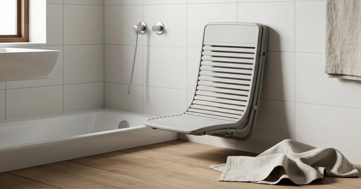 siège de douche rabattable mural plié contre le mur dans une douche moderne PMR, salle de bain carre