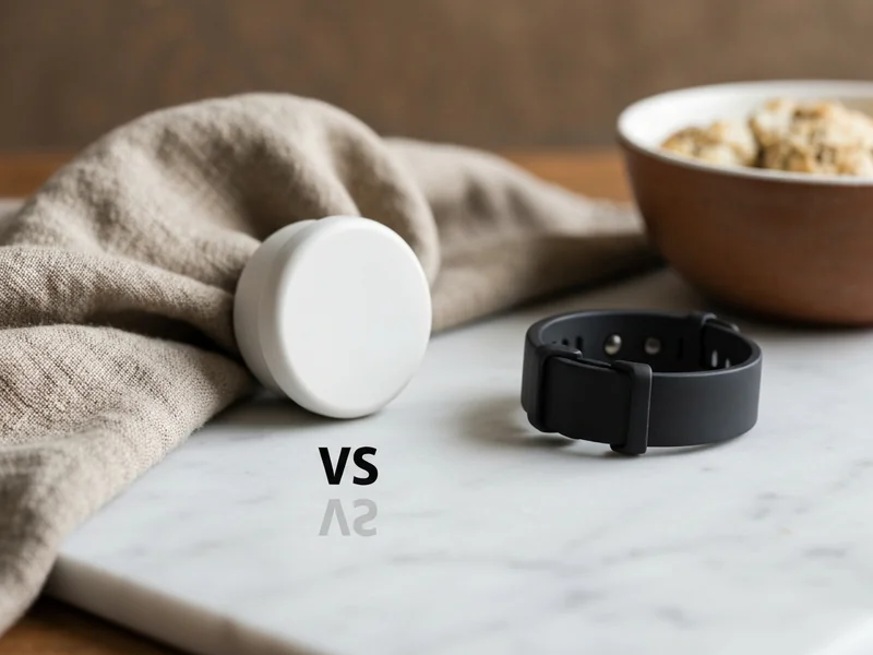 comparaison visuelle équipement téléassistance fixe médaillon blanc et bracelet GPS noir, fond blanc
